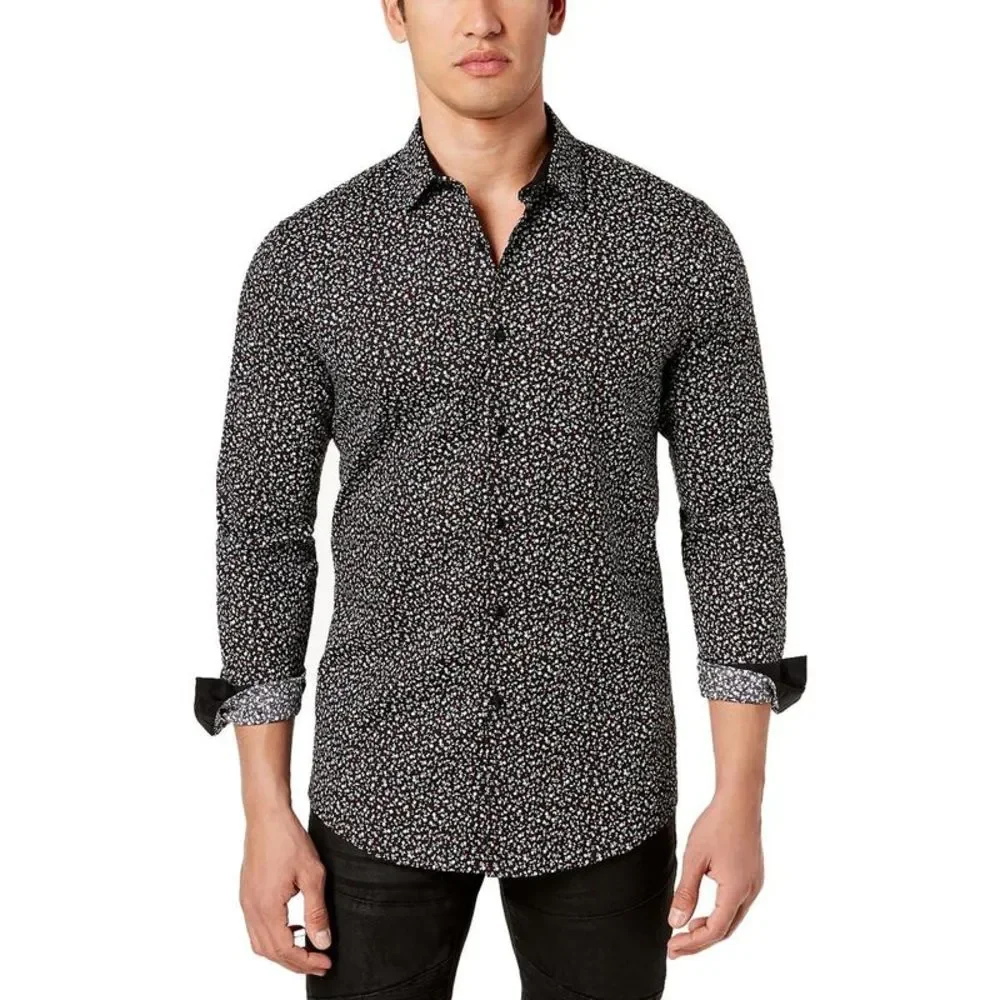 INC Mens Black Printed Slim Fit Collared Button-Down Shirt NWT